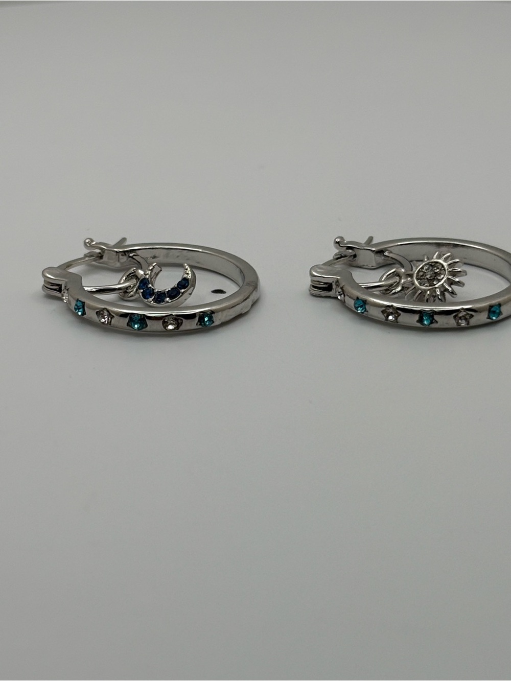 Celestial Sun & Moon Hoop Earrings Blue Crystal Silver Tone